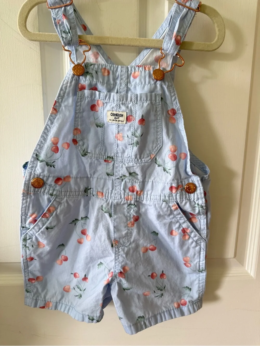 OshKosh B'gosh Light Blue Cherry-Print Short Overalls